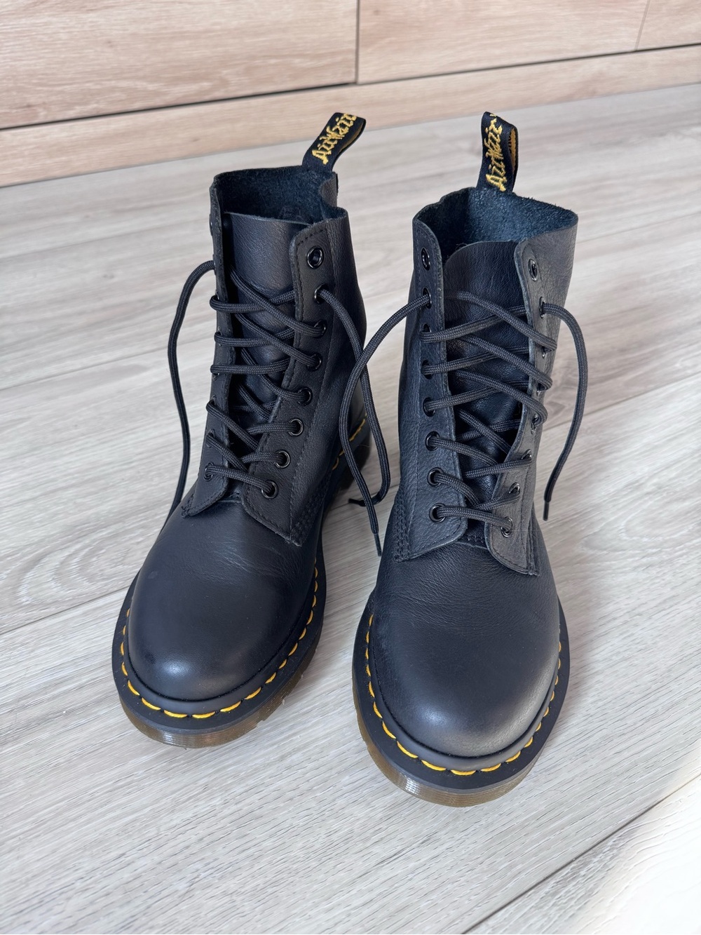 Dr. Martens Women’s Black Leather Lace-Up Boots with Yellow Stitching